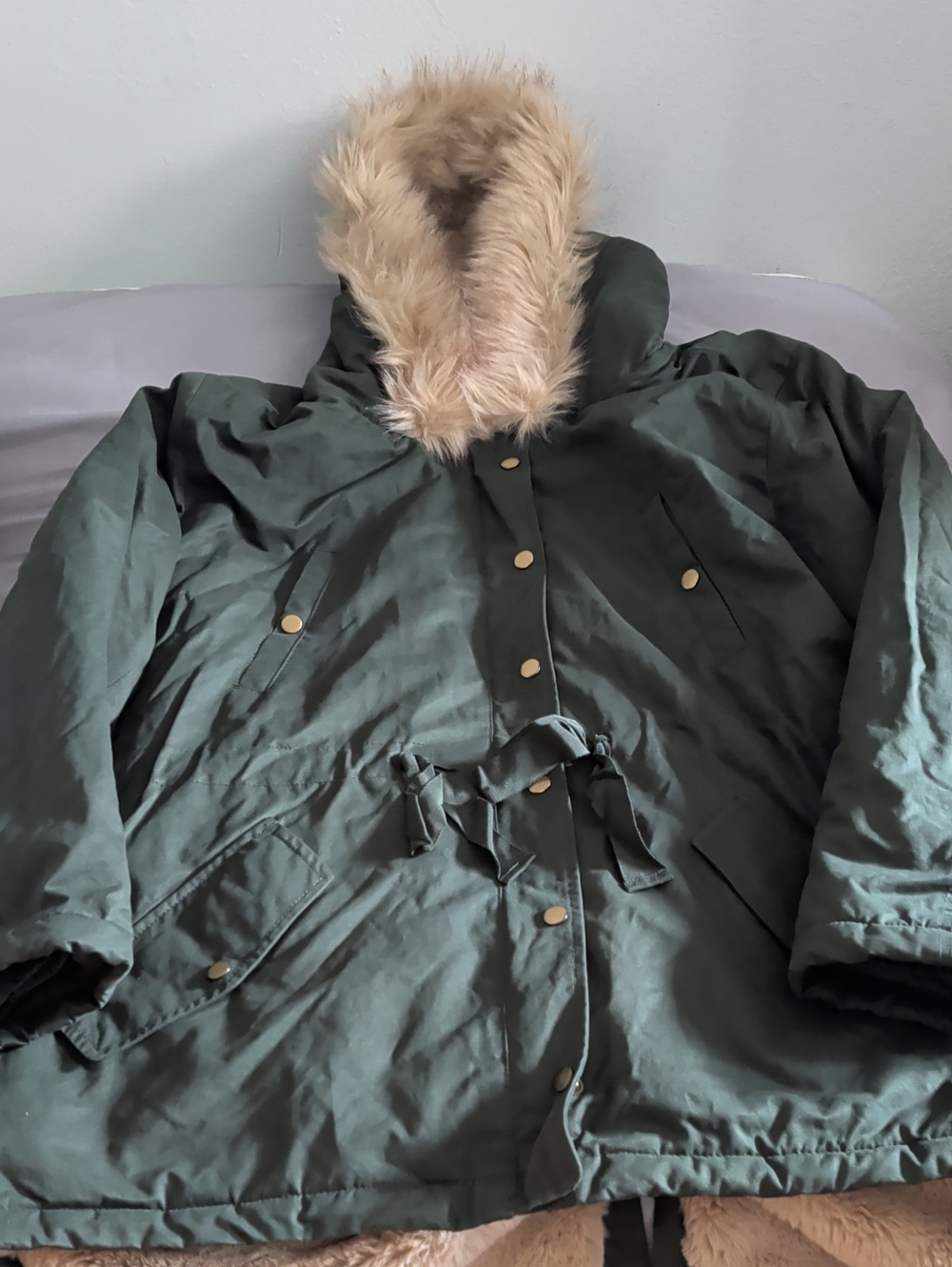 LOFT Dark Green Parka with Faux Fur Trim Hood